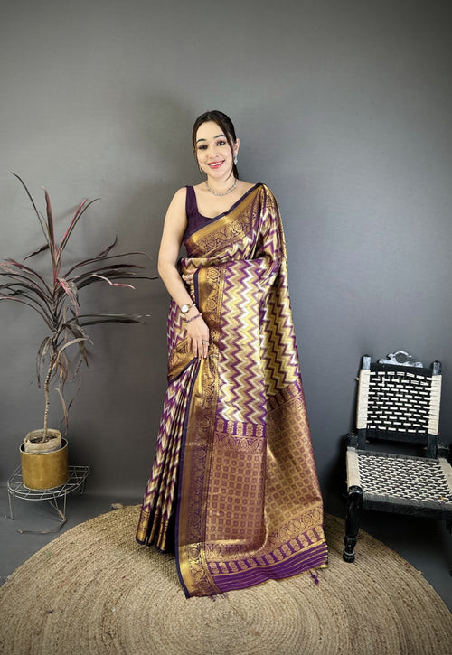 Dista Elora Wine Soft Silk Zig Zag Leheriya Zari Weaving Saree