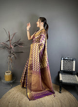 Dista Elora Wine Soft Silk Zig Zag Leheriya Zari Weaving Saree, view 2