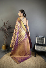 Dista Elora Wine Soft Silk Zig Zag Leheriya Zari Weaving Saree, view 3