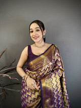 Dista Elora Wine Soft Silk Zig Zag Leheriya Zari Weaving Saree, view 4