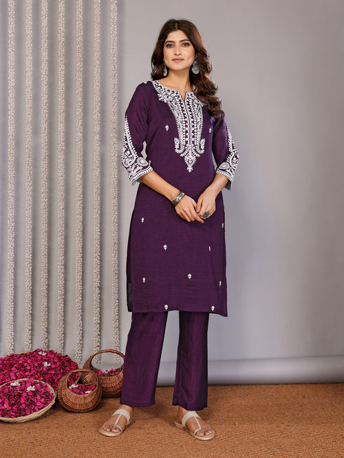 Dista Elora Wine Vichitra Silk Chikankari Embroidery Straight Notch Neck Kurta Set