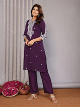 Dista Elora Wine Vichitra Silk Chikankari Embroidery Straight Notch Neck Kurta Set, view 2