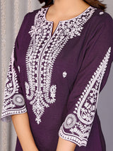 Dista Elora Wine Vichitra Silk Chikankari Embroidery Straight Notch Neck Kurta Set, view 3