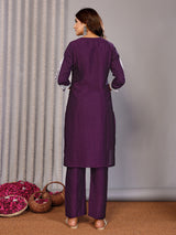 Dista Elora Wine Vichitra Silk Chikankari Embroidery Straight Notch Neck Kurta Set, view 5