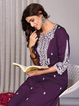 Dista Elora Wine Vichitra Silk Chikankari Embroidery Straight Notch Neck Kurta Set, view 6