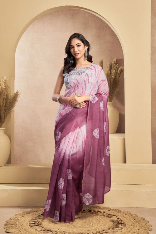 Dista Elora Wine & White Linen Bandhani Printed Ready To Wear Saree