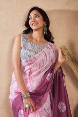 Dista Elora Wine & White Linen Bandhani Printed Ready To Wear Saree, view 3