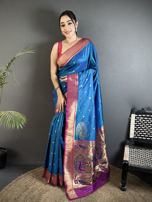 Dista Elora Yale Blue Lichi Silk Paithani Peacock Motifs Zari Work Saree