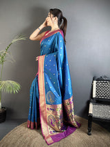 Dista Elora Yale Blue Lichi Silk Paithani Peacock Motifs Zari Work Saree, view 2
