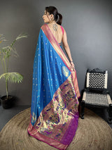 Dista Elora Yale Blue Lichi Silk Paithani Peacock Motifs Zari Work Saree, view 3