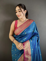 Dista Elora Yale Blue Lichi Silk Paithani Peacock Motifs Zari Work Saree, view 4