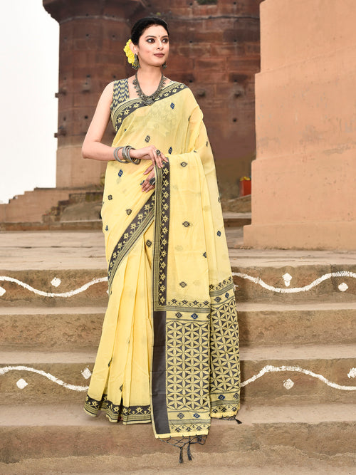 Dista Elora Yellow Cotton Butti Weave Handloom Wedding Wear Saree