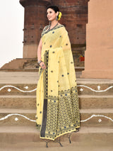 Dista Elora Yellow Cotton Butti Weave Handloom Wedding Wear Saree, view 2