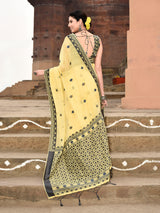 Dista Elora Yellow Cotton Butti Weave Handloom Wedding Wear Saree, view 3