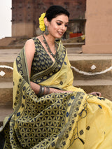 Dista Elora Yellow Cotton Butti Weave Handloom Wedding Wear Saree, view 6