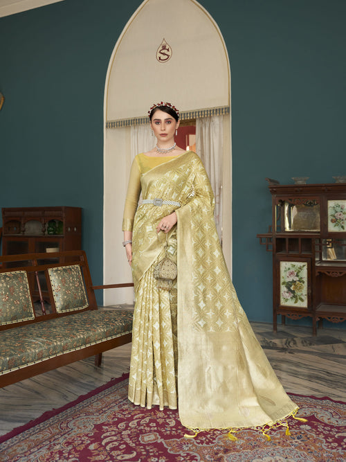 Dista Elora Yellow Cotton Silk Ikkat Zari Designer Saree for Women