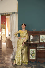 Dista Elora Yellow Cotton Silk Ikkat Zari Designer Saree for Women, view 2