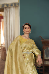 Dista Elora Yellow Cotton Silk Ikkat Zari Designer Saree for Women, view 3