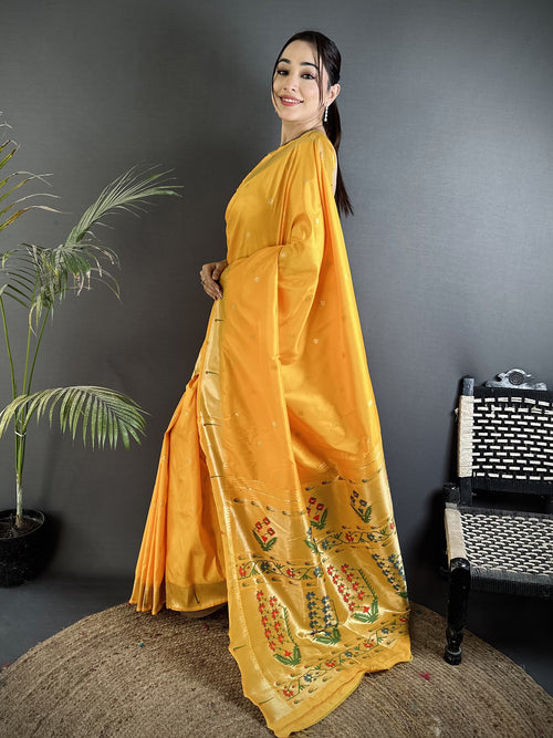 Dista Elora Yellow Lichi Silk Floral Ikat Motifs Zari weaving Paithani Saree