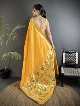 Dista Elora Yellow Lichi Silk Floral Ikat Motifs Zari weaving Paithani Saree, view 2
