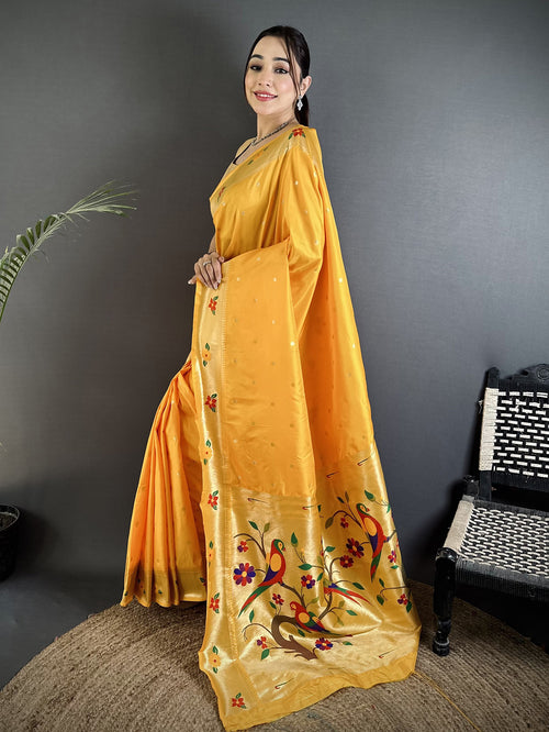Dista Elora Yellow Lichi Silk Parrot & Floral Woven Design Zari Weaving Paithani Saree