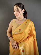 Dista Elora Yellow Lichi Silk Parrot & Floral Woven Design Zari Weaving Paithani Saree, view 2