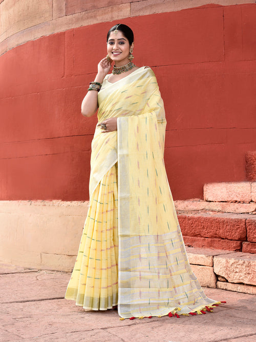 Dista Elora Yellow Linen Butti Weave Ikkat Festive & Traditional Designer Saree