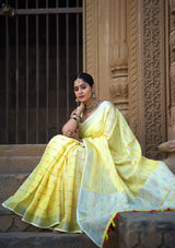 Dista Elora Yellow Linen Butti Weave Ikkat Festive & Traditional Designer Saree, view 2
