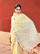 Dista Elora Yellow Linen Butti Weave Ikkat Festive & Traditional Designer Saree, view 3