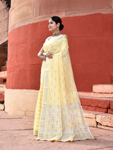 Dista Elora Yellow Linen Butti Weave Ikkat Festive & Traditional Designer Saree, view 4