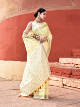 Dista Elora Yellow Linen Butti Weave Ikkat Festive & Traditional Designer Saree, view 6