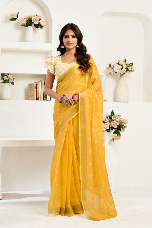 Dista Elora Yellow Linen Floral Printed Ready To Wear Saree