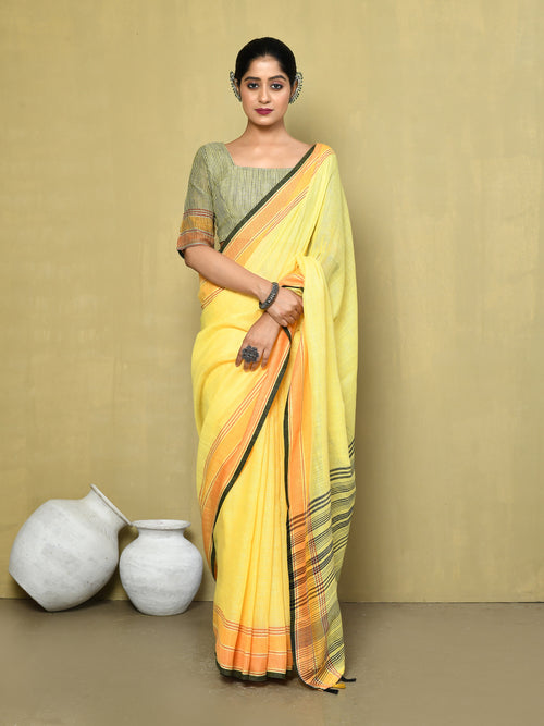 Dista Elora Yellow Linen Plain Handloom Everyday Use and Casual Saree
