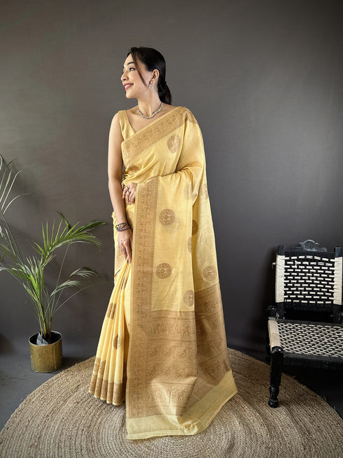 Dista Elora Yellow Linen Silk Floral & Paisley Jacquard Zari Woven Banarasi Saree
