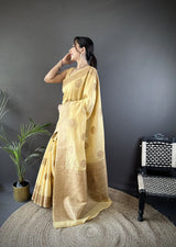 Dista Elora Yellow Linen Silk Floral & Paisley Jacquard Zari Woven Banarasi Saree, view 2