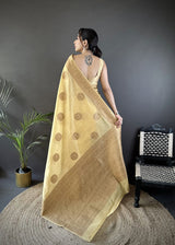 Dista Elora Yellow Linen Silk Floral & Paisley Jacquard Zari Woven Banarasi Saree, view 3