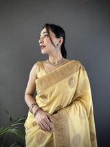 Dista Elora Yellow Linen Silk Floral & Paisley Jacquard Zari Woven Banarasi Saree, view 4