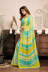 Dista Elora Yellow Linen Striped- Leheriya Printed Ready To Wear Saree With Pocket, view 2