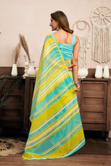 Dista Elora Yellow Linen Striped- Leheriya Printed Ready To Wear Saree With Pocket, view 4