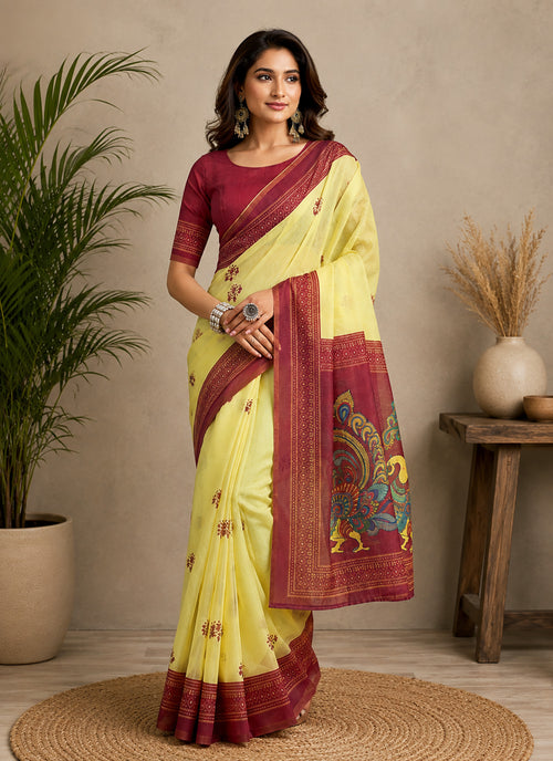 Dista Elora Yellow & Maroon Chanderi Cotton Bomkai Printed Ready To Wear Saree