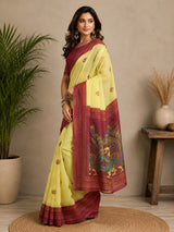 Dista Elora Yellow & Maroon Chanderi Cotton Bomkai Printed Ready To Wear Saree, view 2