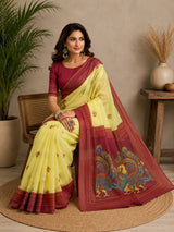 Dista Elora Yellow & Maroon Chanderi Cotton Bomkai Printed Ready To Wear Saree, view 3