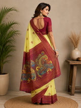 Dista Elora Yellow & Maroon Chanderi Cotton Bomkai Printed Ready To Wear Saree, view 4