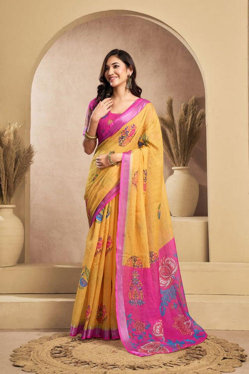 Dista Elora Yellow & Pink Linen Floral Printed Ready To Wear Saree