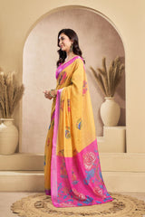 Dista Elora Yellow & Pink Linen Floral Printed Ready To Wear Saree, view 2