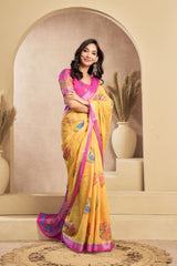 Dista Elora Yellow & Pink Linen Floral Printed Ready To Wear Saree, view 3