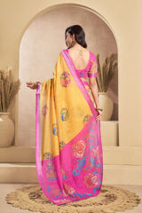 Dista Elora Yellow & Pink Linen Floral Printed Ready To Wear Saree, view 4