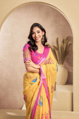 Dista Elora Yellow & Pink Linen Floral Printed Ready To Wear Saree, view 5