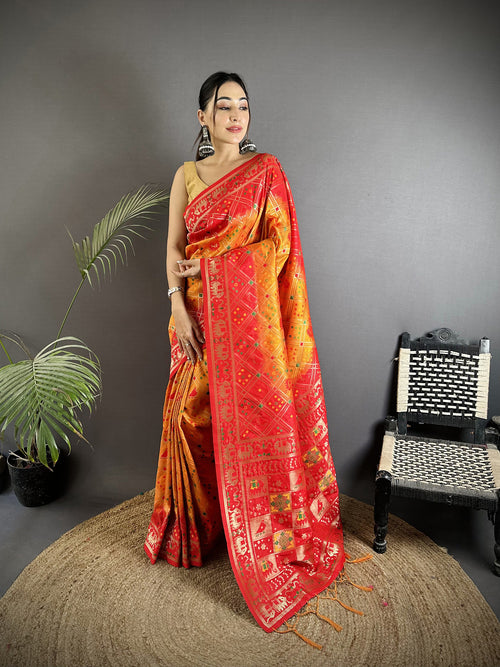 Dista Elora Yellow & Red Soft Silk Geometric Zari Woven Patola Saree