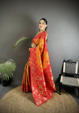 Dista Elora Yellow & Red Soft Silk Geometric Zari Woven Patola Saree, view 2
